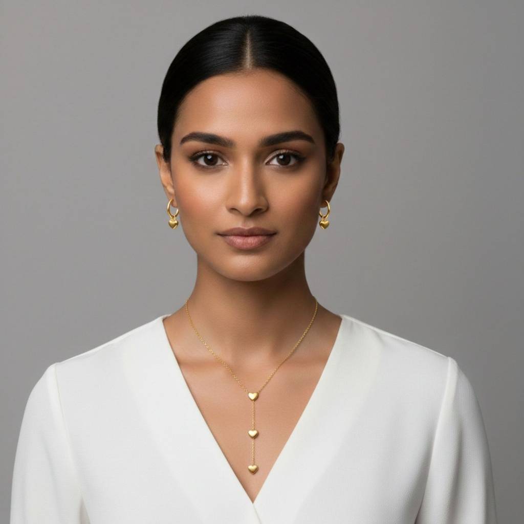 18K Gold Plated Heart Drop Necklace & Hoop Earrings Set : RJFSJS01