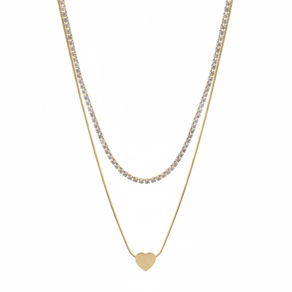 18K Gold Plated Layered Heart & Zircon Tennis Necklace : RJFSPN114