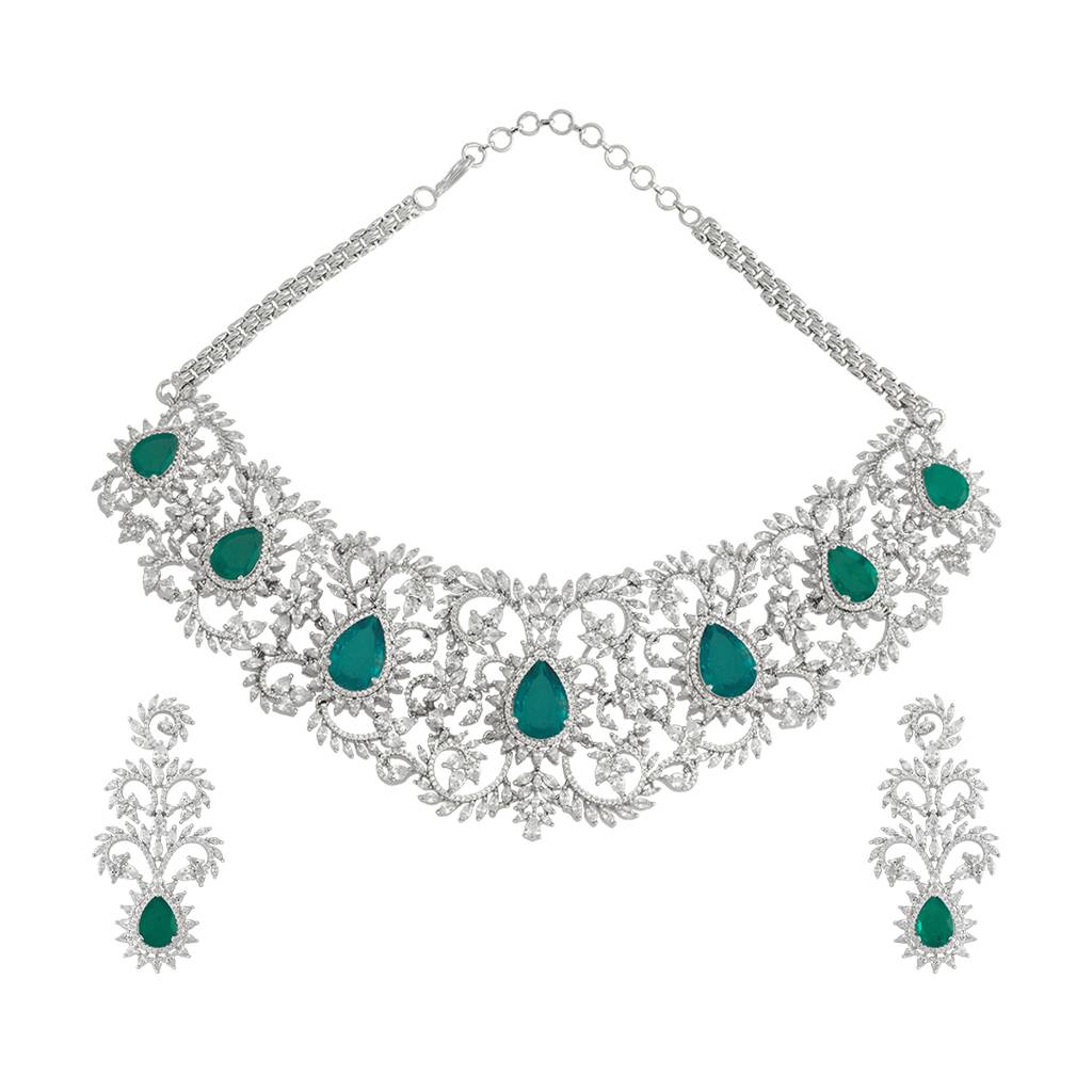 Kushal'S Fashion Jewellery Rhodium-Plated Party Zircon Jewellery Set - 177246 : 425068