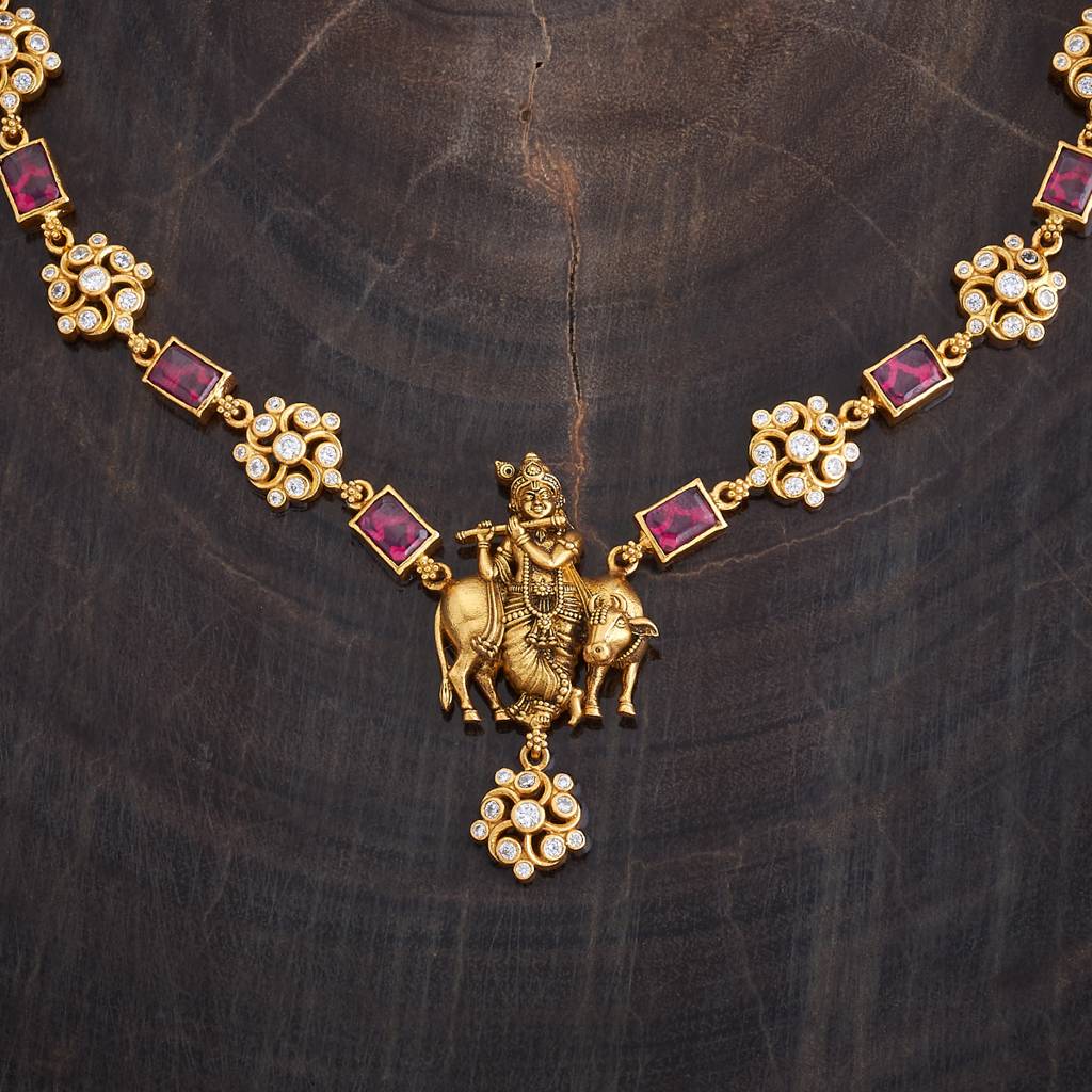 Kushal'S Fashion Jewellery Ruby Gold-Plated Ethnic 92.5 Pure Silver Temple Necklace - 425687 : 425687