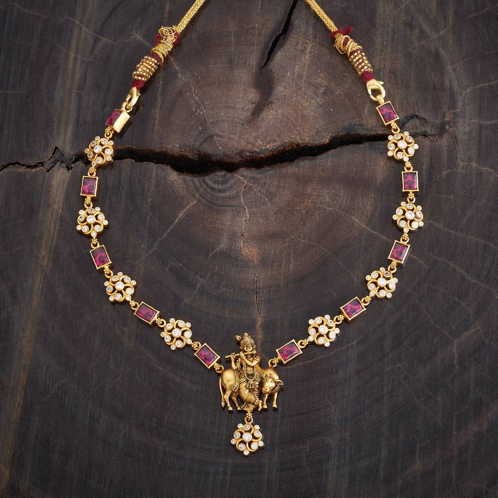 Kushal'S Fashion Jewellery Ruby Gold-Plated Ethnic 92.5 Pure Silver Temple Necklace - 425687 : 425687