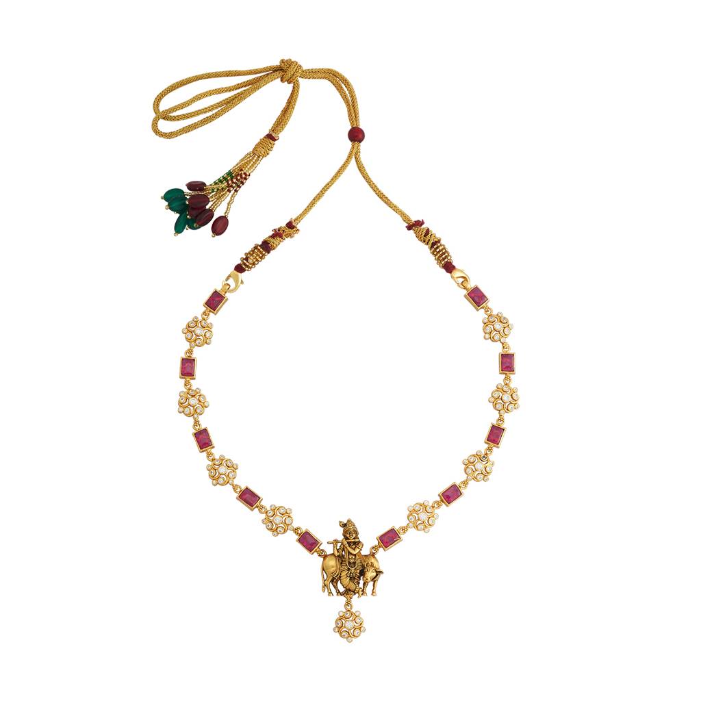 Kushal'S Fashion Jewellery Ruby Gold-Plated Ethnic 92.5 Pure Silver Temple Necklace - 425687 : 425687