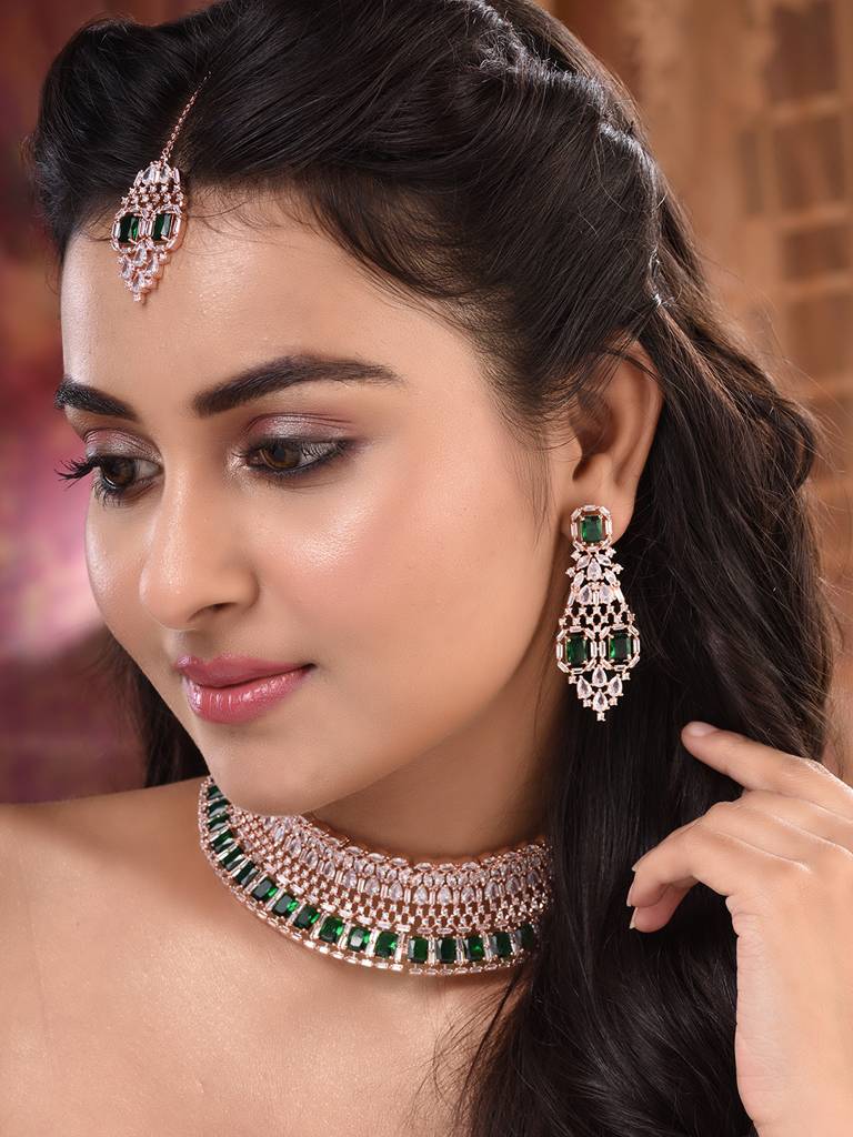 Rose Gold Plated Green Ad Studded Bridalchoker Jewellery Set : SJNK1773