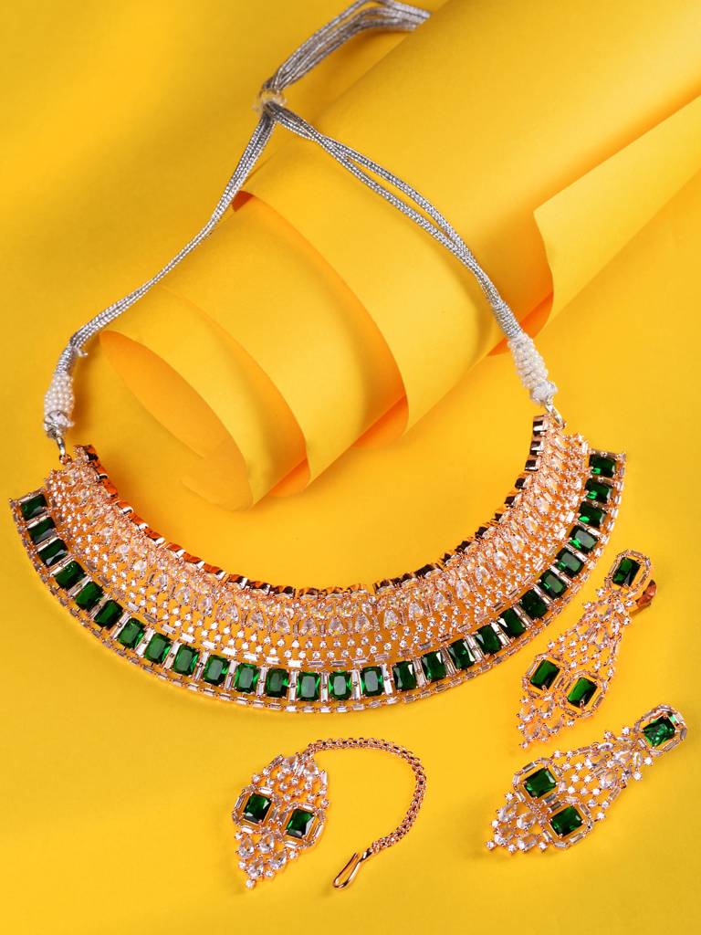 Rose Gold Plated Green Ad Studded Bridalchoker Jewellery Set : SJNK1773