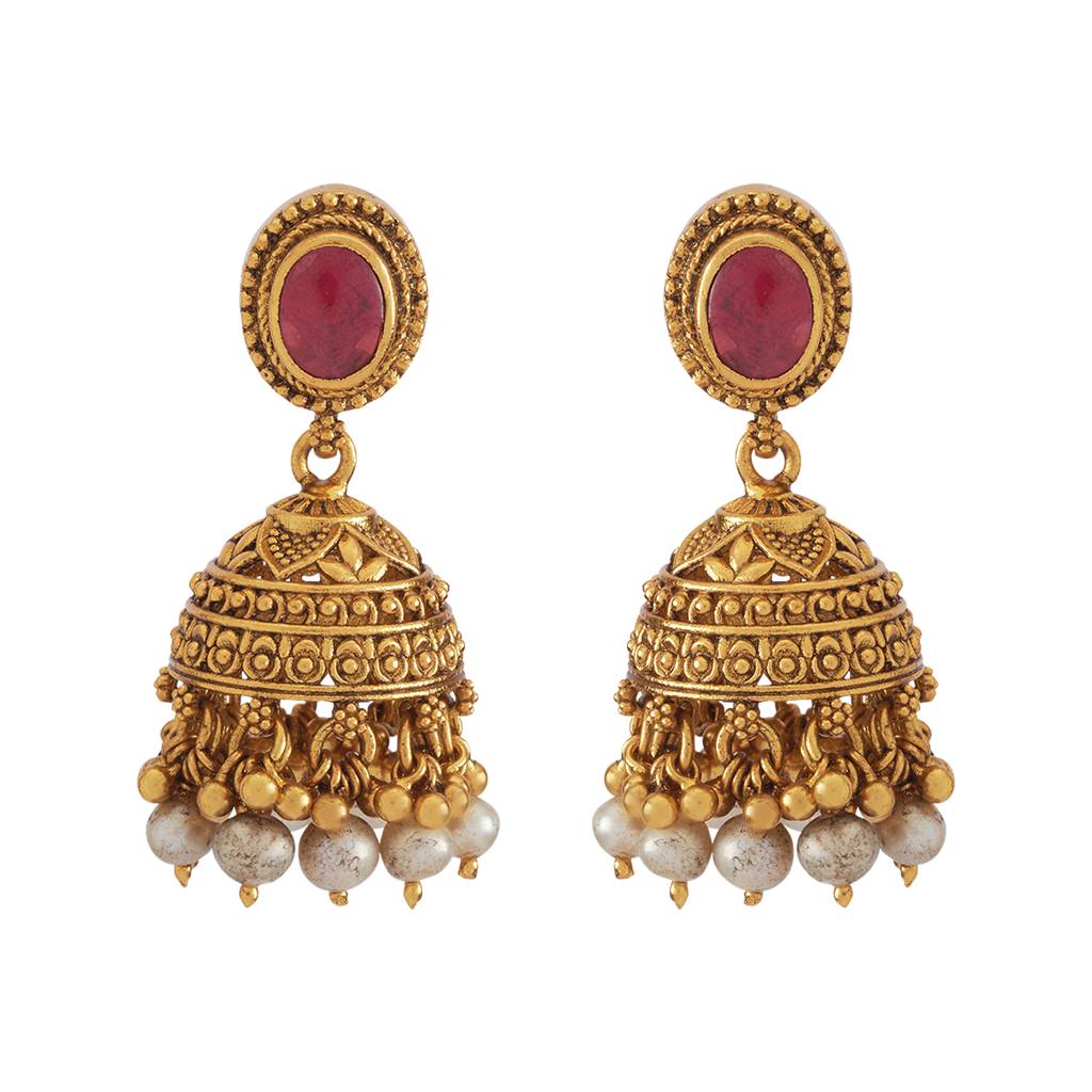 Kushal'S Fashion Jewellery Ruby Gold-Plated Ethnic 92.5 Pure Silver Temple Jhumkas - 425351 : 425351