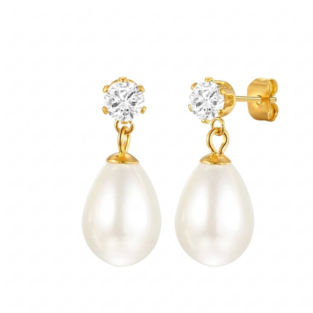 18K Gold Plated Solitaire Cz Stud Large Oval Pearl Drop Earrings : RJFSER145