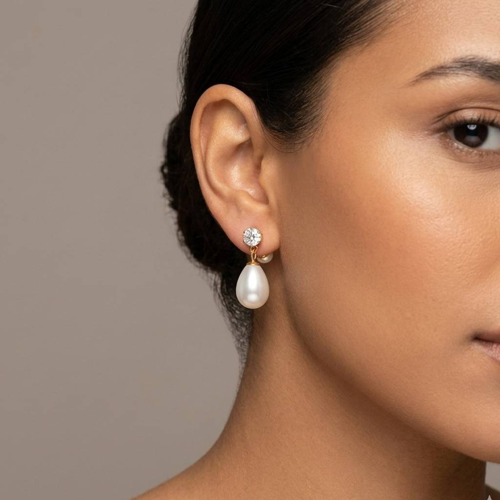18K Gold Plated Solitaire Cz Stud Large Oval Pearl Drop Earrings : RJFSER145