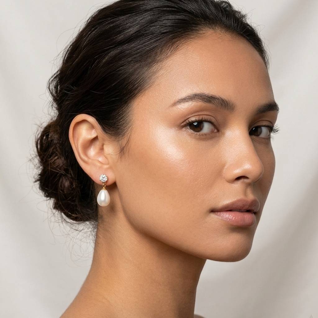 18K Gold Plated Solitaire Cz Stud Large Oval Pearl Drop Earrings : RJFSER145