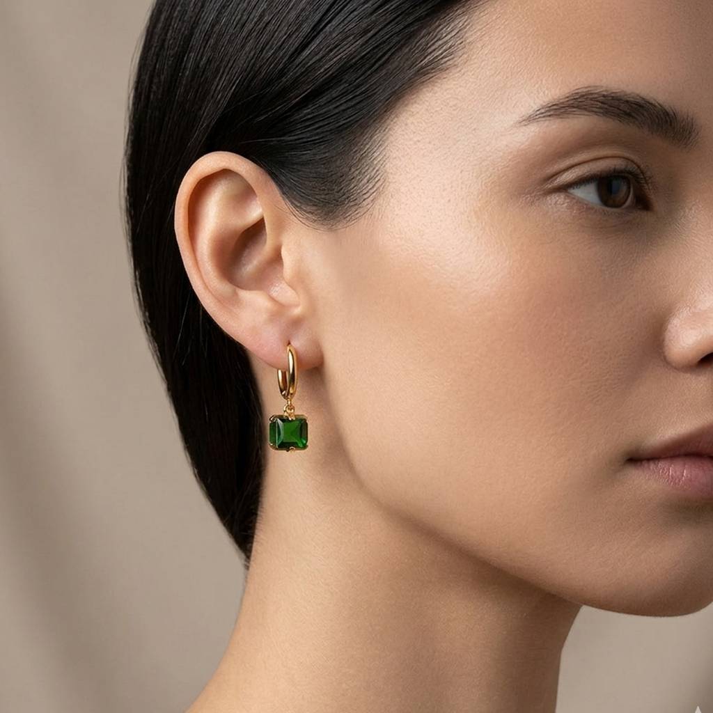 18K Gold Plated Hoop With Green Square Cz Charm Drop Earrings : RJFSER146