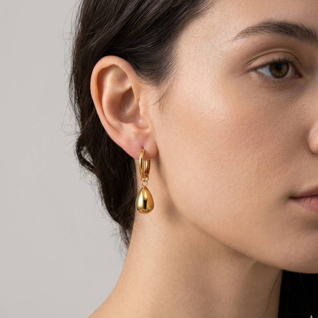 18K Gold Plated Hoop With Puffy Teardrop Charm Drop Earrings : RJFSER147