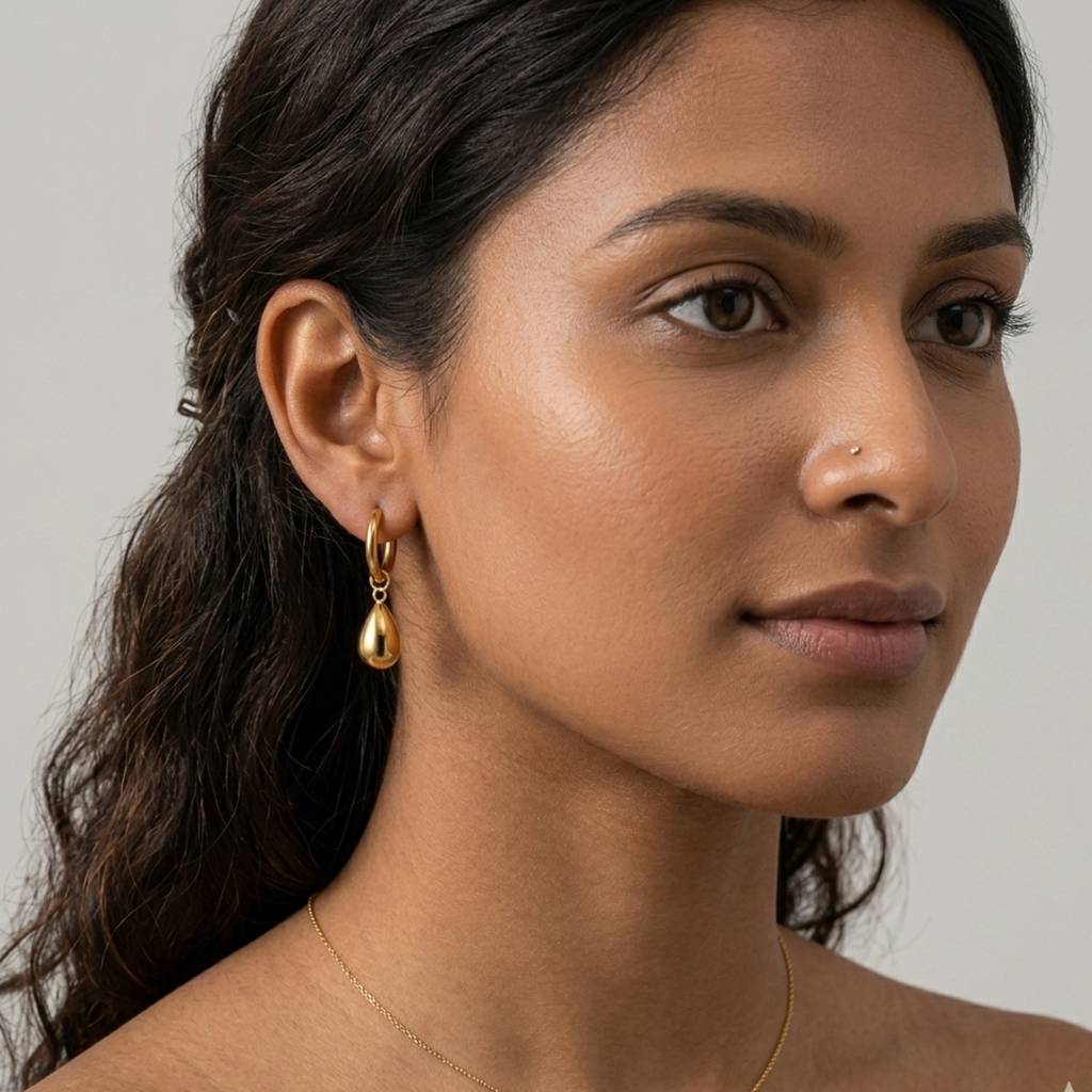 18K Gold Plated Hoop With Puffy Teardrop Charm Drop Earrings : RJFSER147