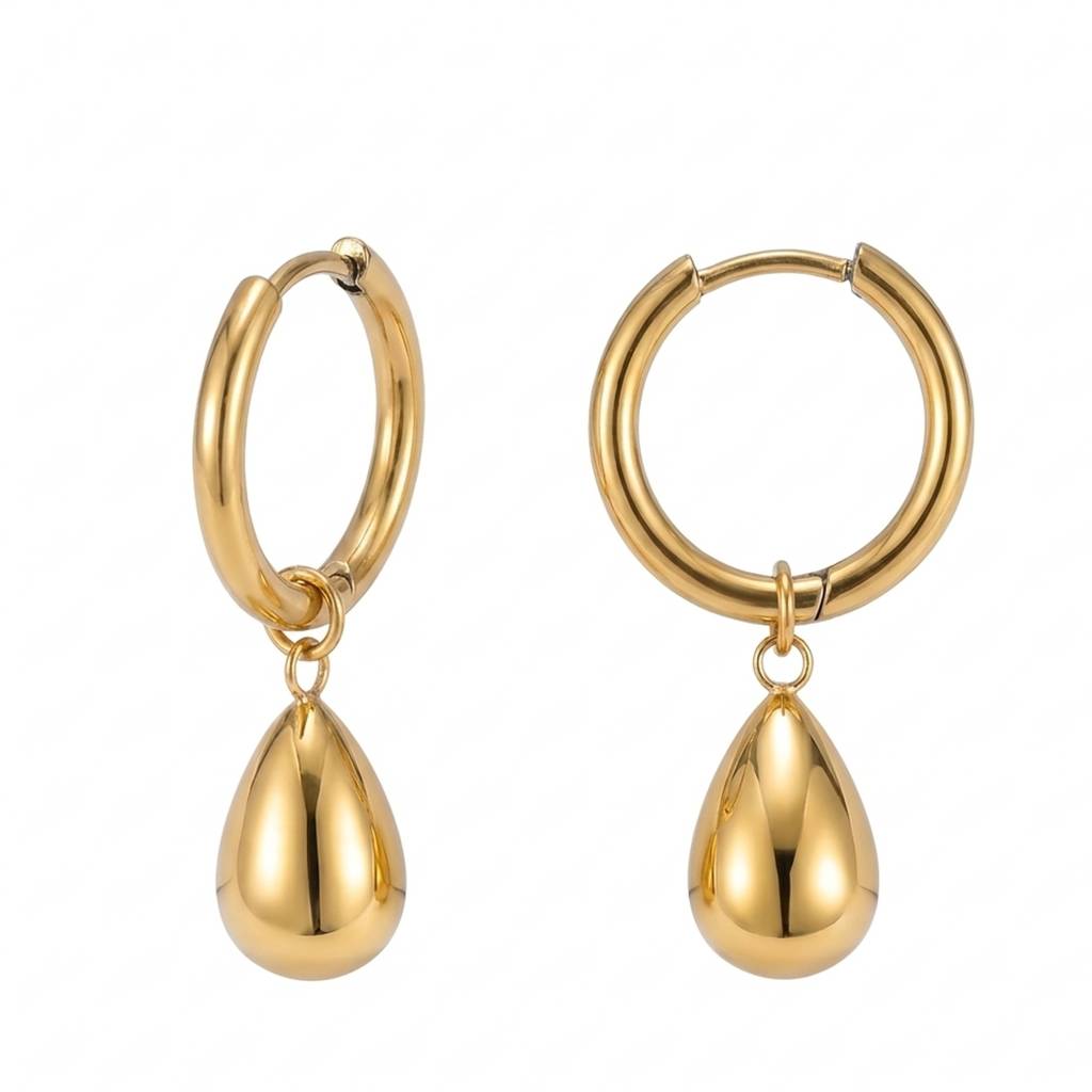 18K Gold Plated Hoop With Puffy Teardrop Charm Drop Earrings : RJFSER147