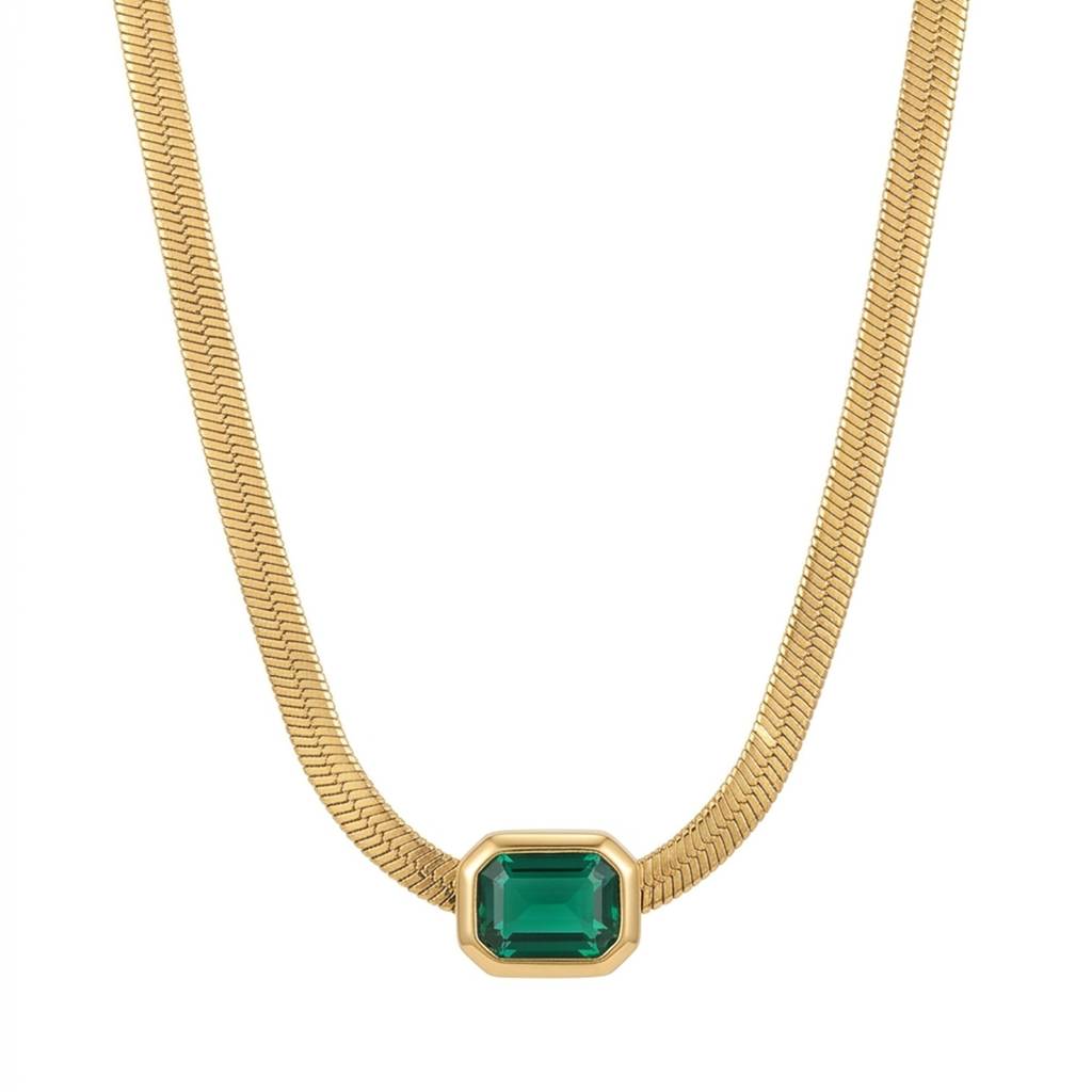 18K Gold Plated Green Emerald-Cut Cz Herringbone Chain Necklace : RJFSPN143