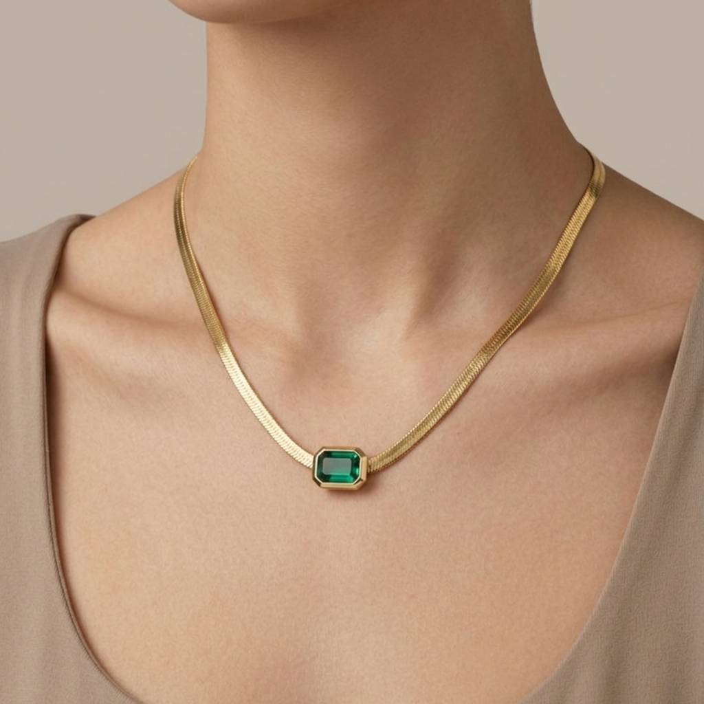 18K Gold Plated Green Emerald-Cut Cz Herringbone Chain Necklace : RJFSPN143