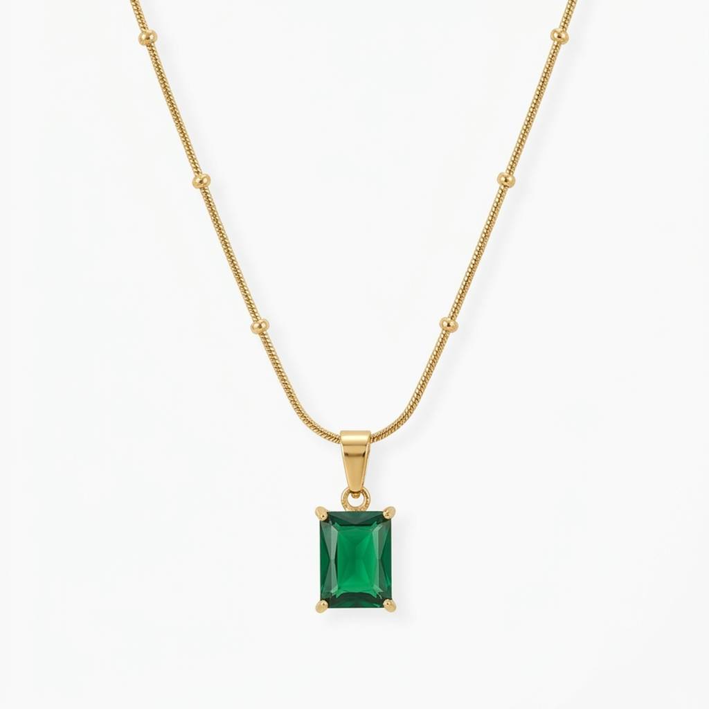 18K Gold Plated Green Emerald-Cut Cz Solitaire Pendant Satellite Chain Necklace : RJFSPN141