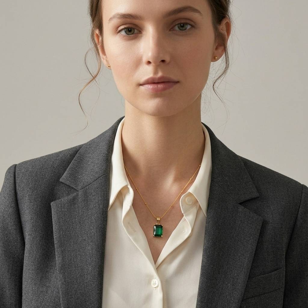 18K Gold Plated Green Emerald-Cut Cz Solitaire Pendant Satellite Chain Necklace : RJFSPN141