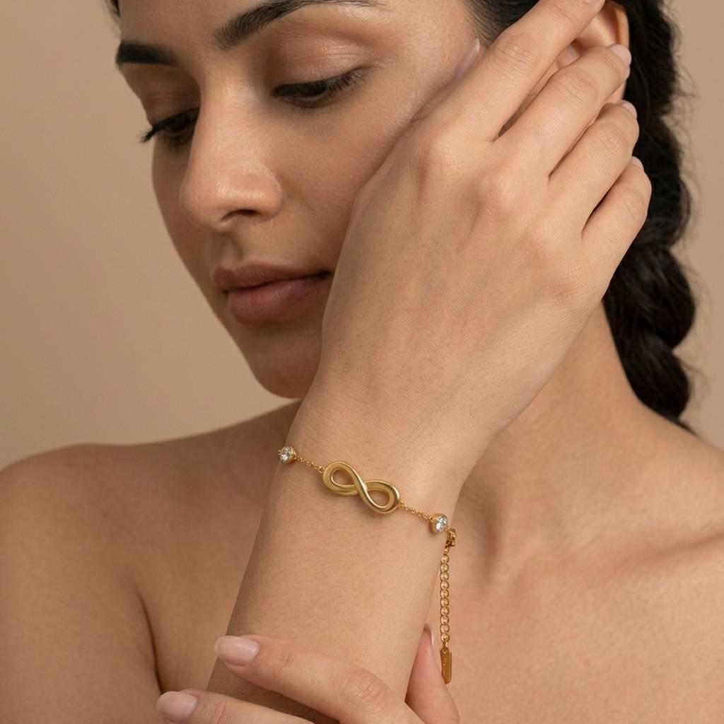 18K Gold Plated Infinity Charm Cz Station Chain Bracelet : RJFSBR86