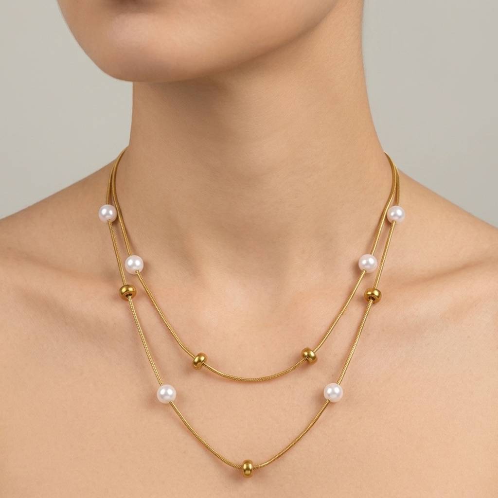 18K Gold Plated Double Layered Pearl Station Snake Chain Necklace : RJFSPN138