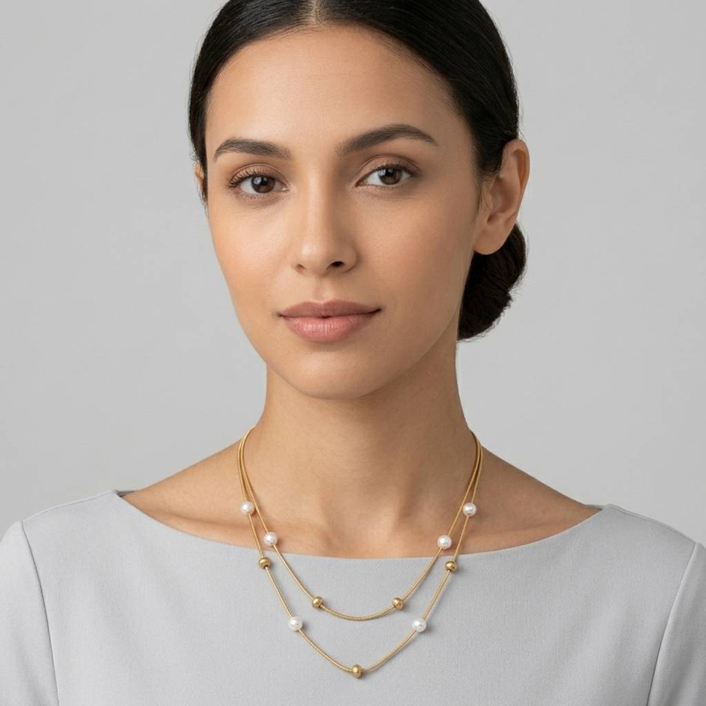18K Gold Plated Double Layered Pearl Station Snake Chain Necklace : RJFSPN138