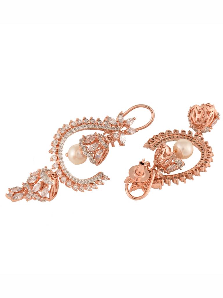 Rose Gold Ad Studded Pearl Beaded Statement Chandbali Earrings : SJER1774