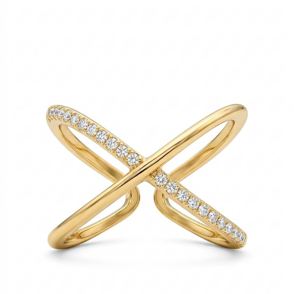 18K Gold Plated X-Cross Cz Criss-Cross Open Ring : RJFSRG16