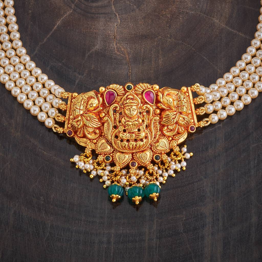 Kushal'S Fashion Jewellery Ruby-Green Gold-Plated Ethnic 92.5 Pure Silver Temple Necklace - 433148 : 433148