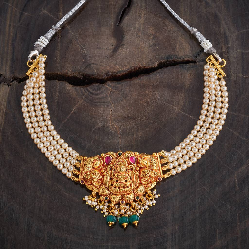 Kushal'S Fashion Jewellery Ruby-Green Gold-Plated Ethnic 92.5 Pure Silver Temple Necklace - 433148 : 433148