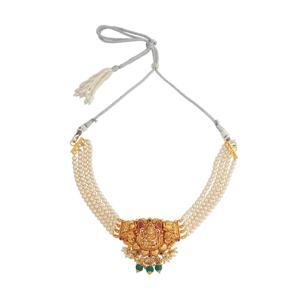 Kushal'S Fashion Jewellery Ruby-Green Gold-Plated Ethnic 92.5 Pure Silver Temple Necklace - 433148 : 433148