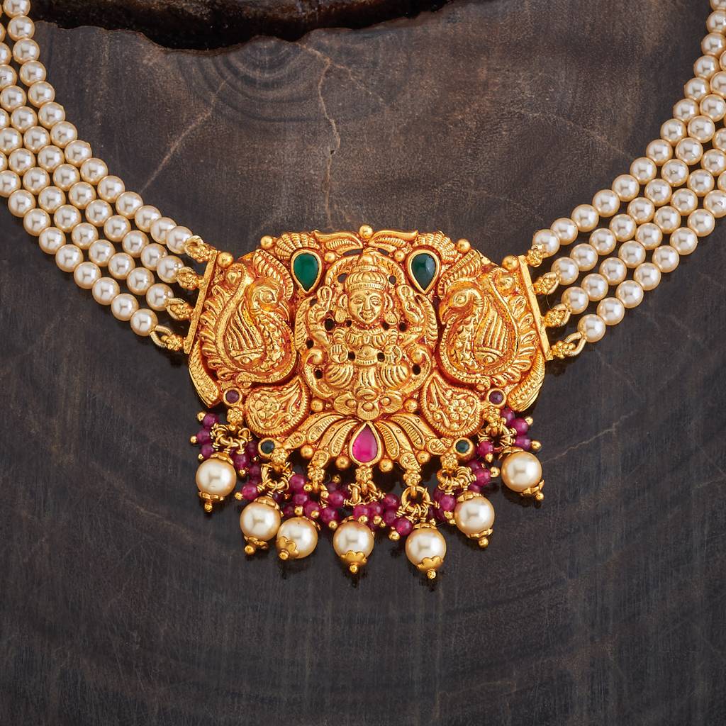 Kushal'S Fashion Jewellery Ruby-Green Gold-Plated Ethnic 92.5 Pure Silver Temple Necklace - 433149 : 433149