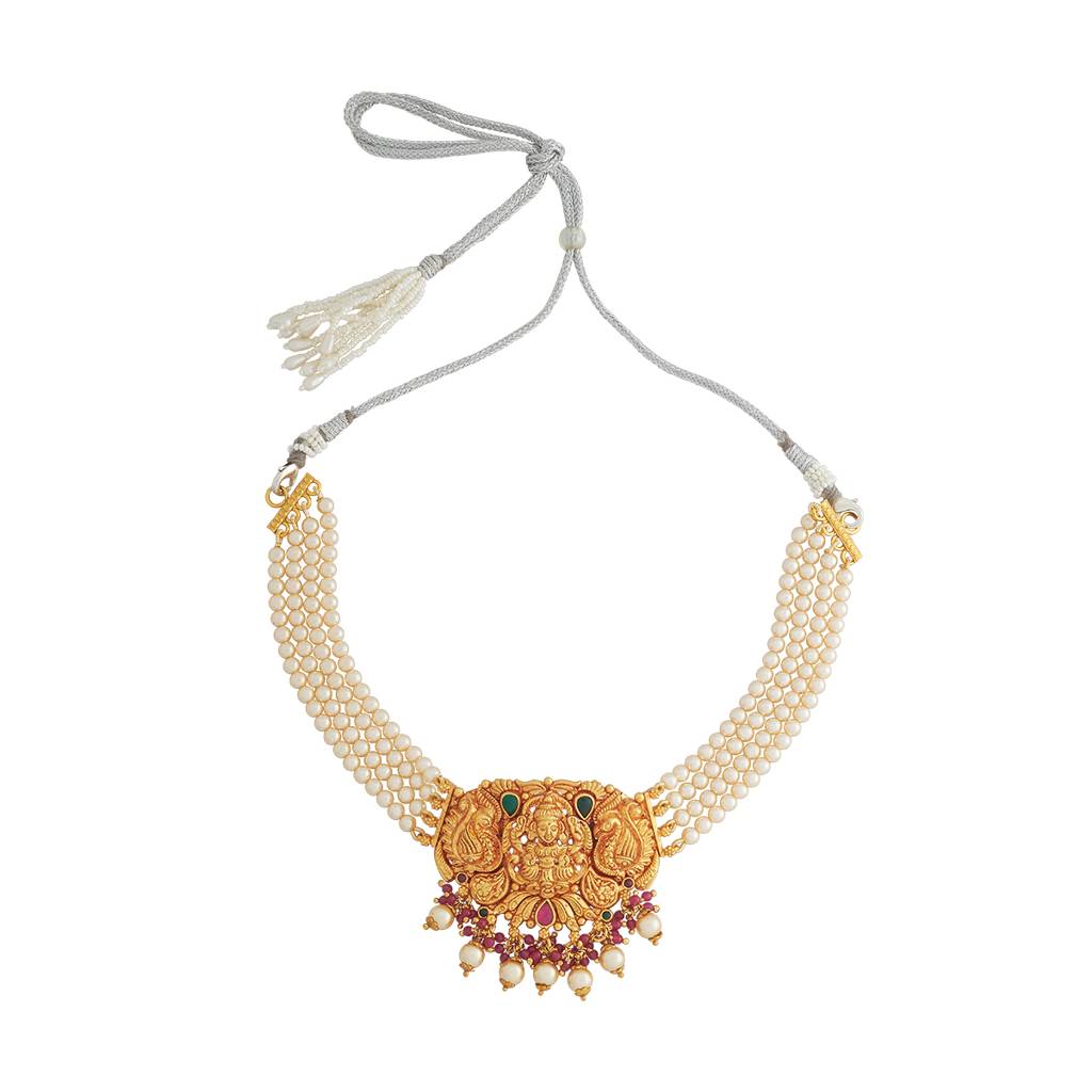Kushal'S Fashion Jewellery Ruby-Green Gold-Plated Ethnic 92.5 Pure Silver Temple Necklace - 433149 : 433149
