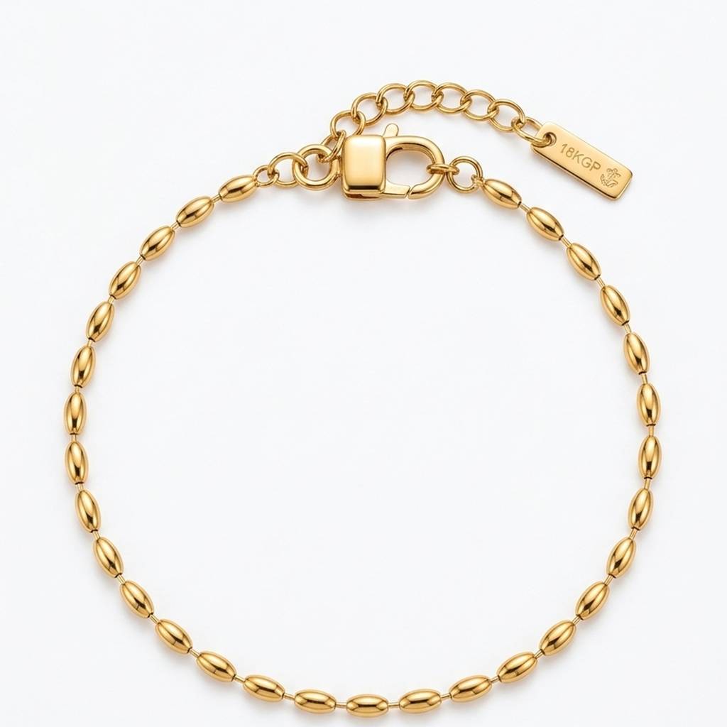 18K Gold Plated Oval Rice Bead Chain Bracelet : RJFSBR90