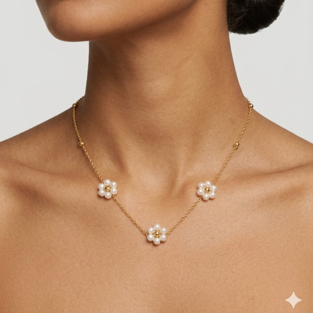 RACHIVA 18K Gold Plated Triple Pearl Flower Satellite Chain