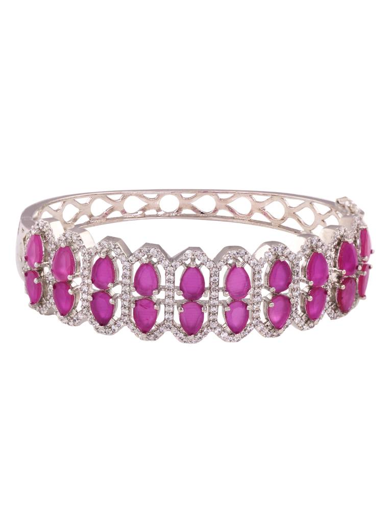 Silver Plated Fuschia Studded Statement Kada Bracelet : SJBR1775