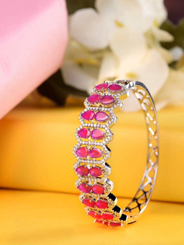 Silver Plated Fuschia Studded Statement Kada Bracelet : SJBR1775