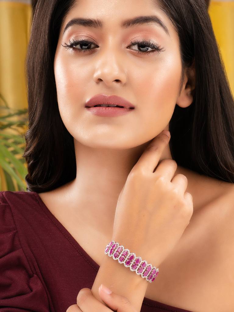 Silver Plated Fuschia Studded Statement Kada Bracelet : SJBR1775