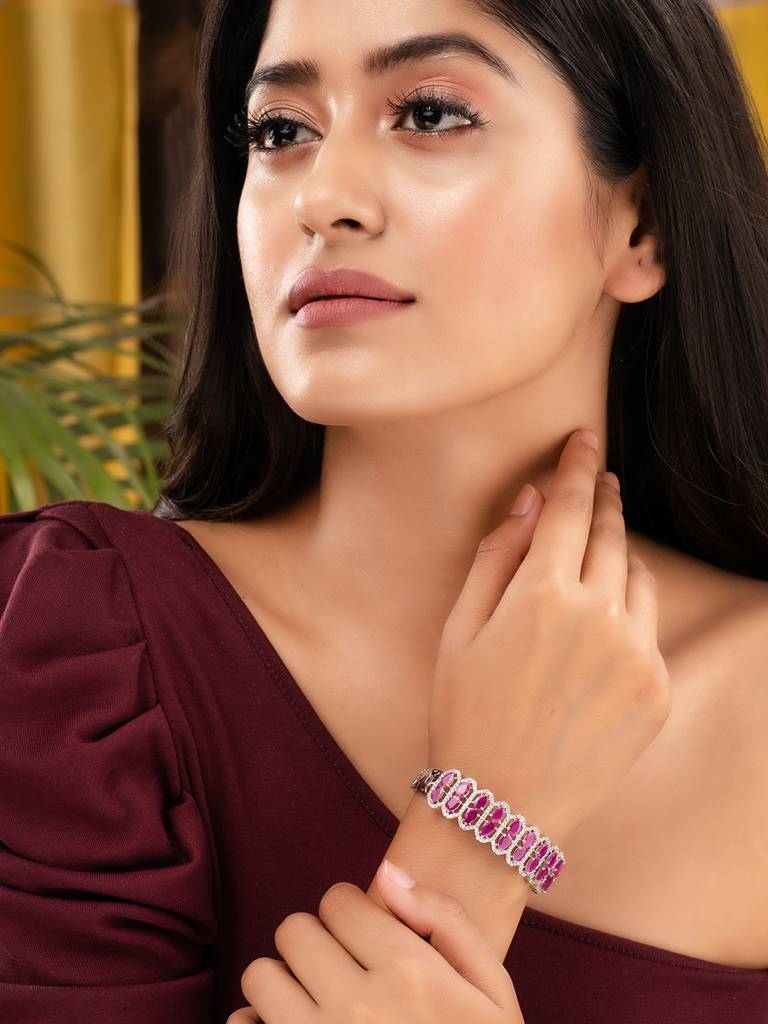 Silver Plated Fuschia Studded Statement Kada Bracelet : SJBR1775