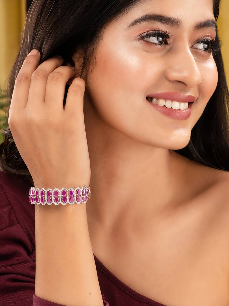 Silver Plated Fuschia Studded Statement Kada Bracelet : SJBR1775