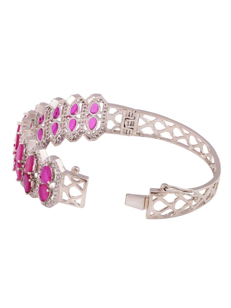 Silver Plated Fuschia Studded Statement Kada Bracelet : SJBR1775