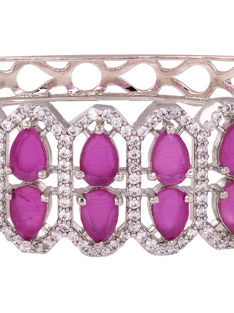 Silver Plated Fuschia Studded Statement Kada Bracelet : SJBR1775