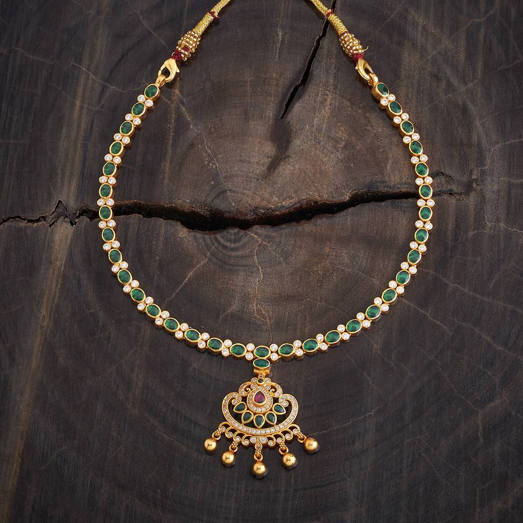 Kushal'S Fashion Jewellery Ruby-Green Gold-Plated Ethnic 92.5 Pure Silver Temple Necklace - 425641 : 425641
