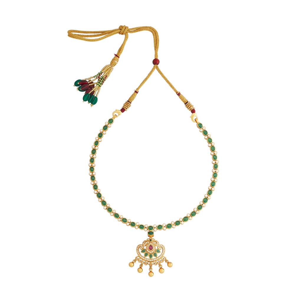 Kushal'S Fashion Jewellery Ruby-Green Gold-Plated Ethnic 92.5 Pure Silver Temple Necklace - 425641 : 425641