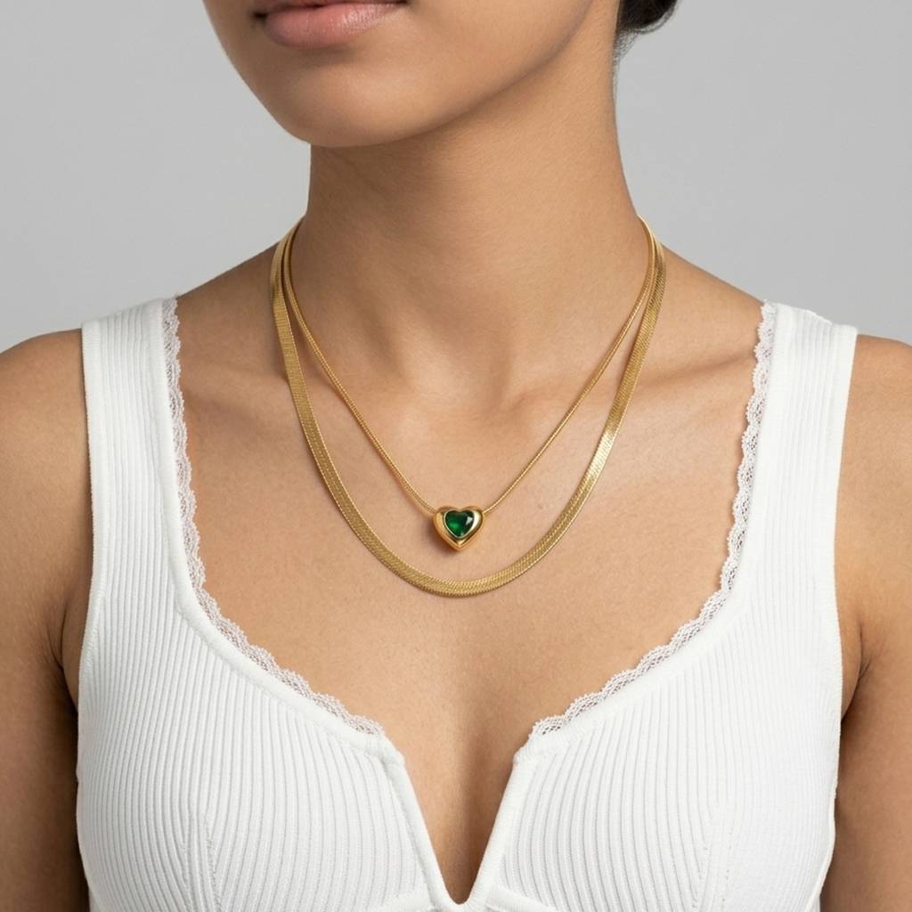 18K Gold Plated Double Herringbone Chain Green Heart Cz Slider Necklace : RJFSPN171