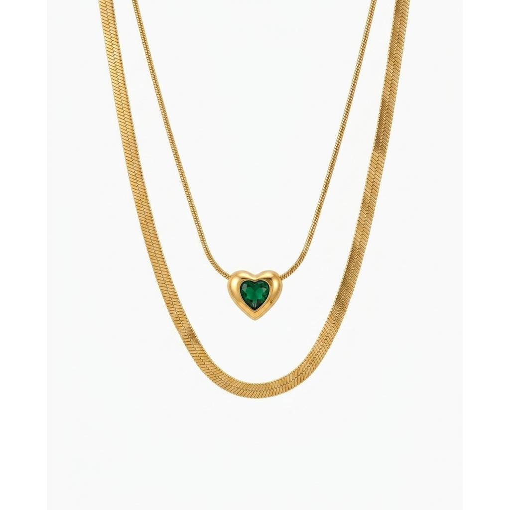 18K Gold Plated Double Herringbone Chain Green Heart Cz Slider Necklace : RJFSPN171