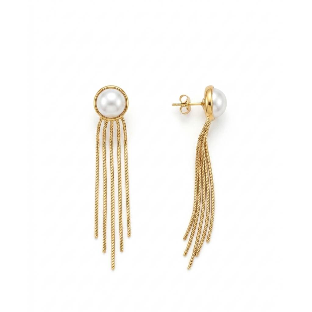 18K Gold Plated Pearl Bezel Stud Snake Chain Fringe Drop Earrings : RJFSER149