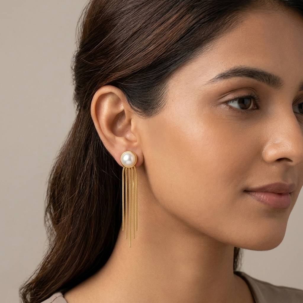 18K Gold Plated Pearl Bezel Stud Snake Chain Fringe Drop Earrings : RJFSER149