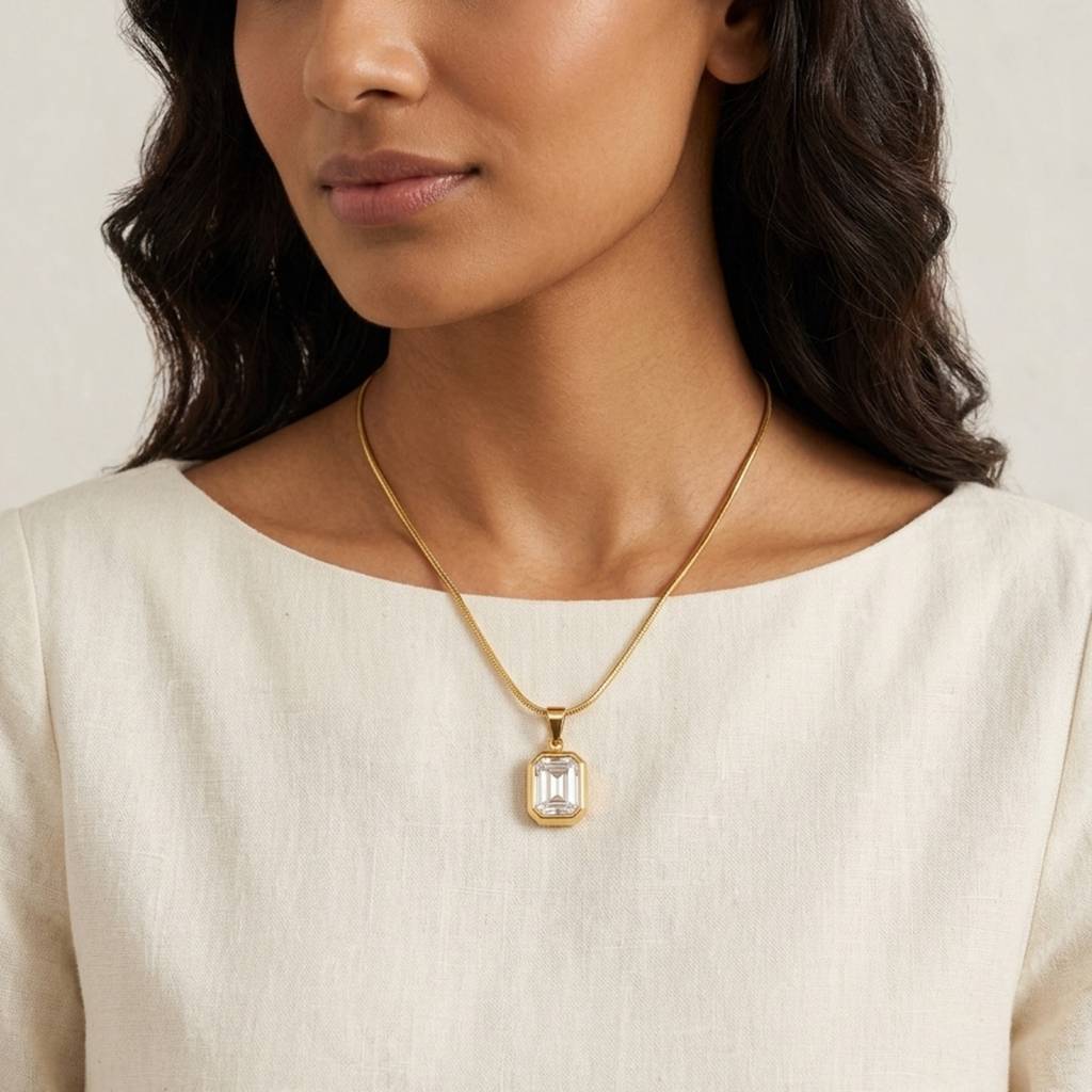 18K Gold Plated White Emerald-Cut Cz Bezel Pendant Snake Chain Necklace : RJFSPN166