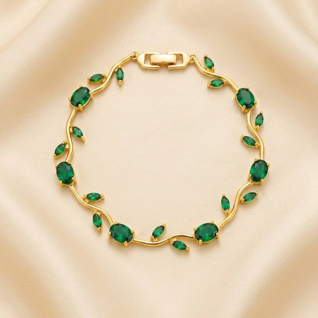 Eternz Certified Jewellery - RACHIVA 18K Gold Plated Emerald Green Oval & Marquise Cz Vine Tennis Bracelet (7 Inches)