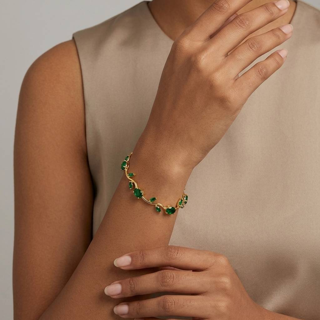 18K Gold Plated Emerald Green Oval & Marquise Cz Vine Tennis Bracelet : RJFSBR95