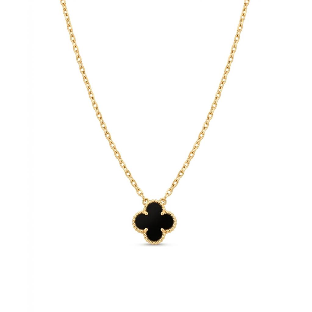 18K Gold Plated Black Enamel Clover Quatrefoil Pendant Necklace : RJFSPN164