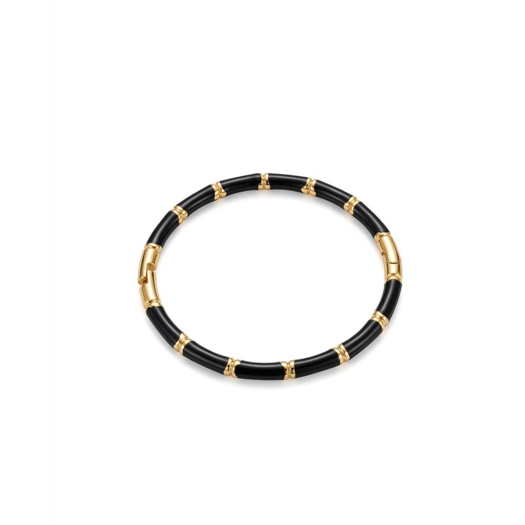 18K Gold Plated Black Enamel Gold Station Stretch Bangle Bracelet : RJFSBR93